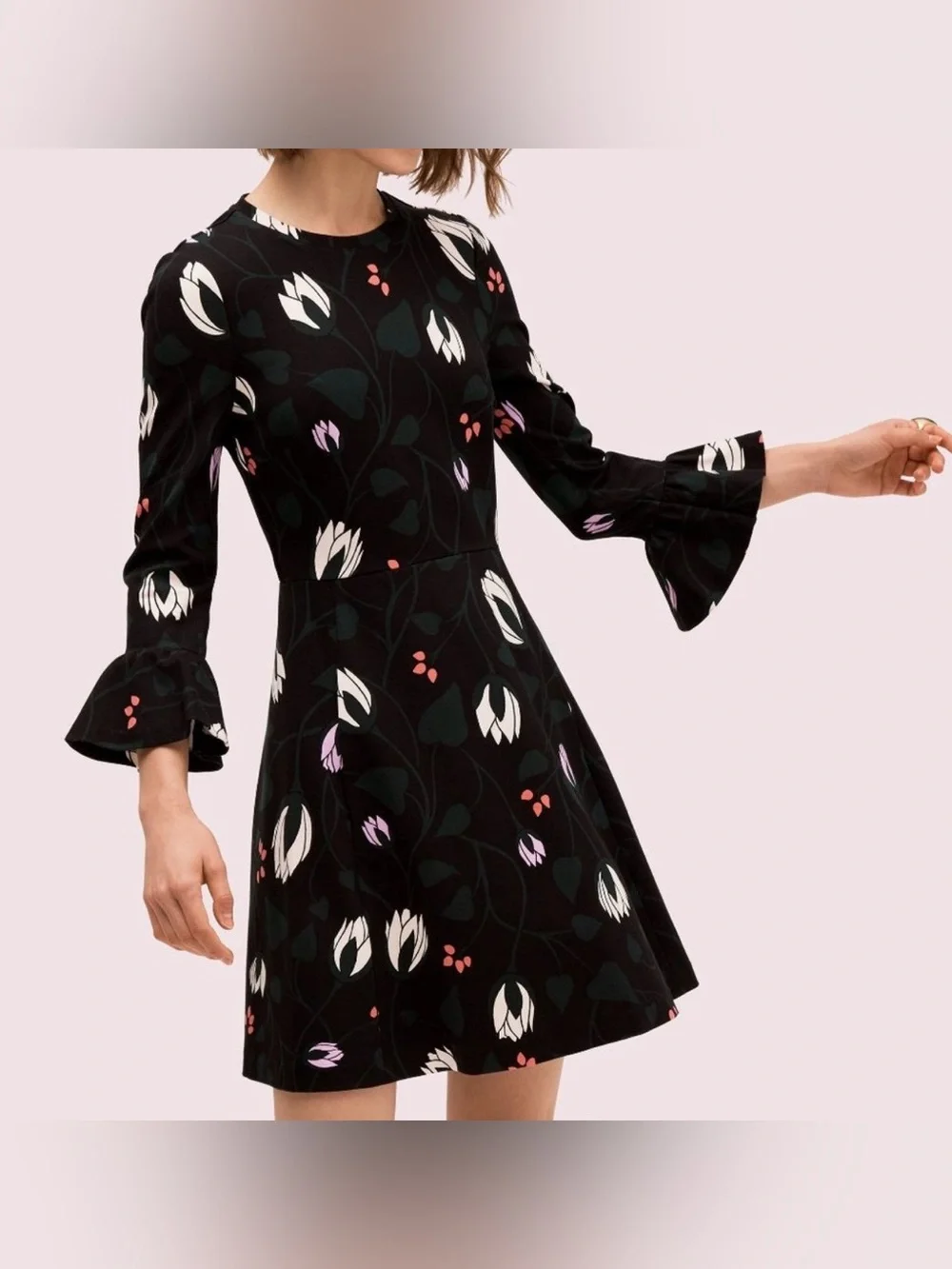 Kate Spade New York Floral Fit & Flare Dress Black Size M Bell Sleeve